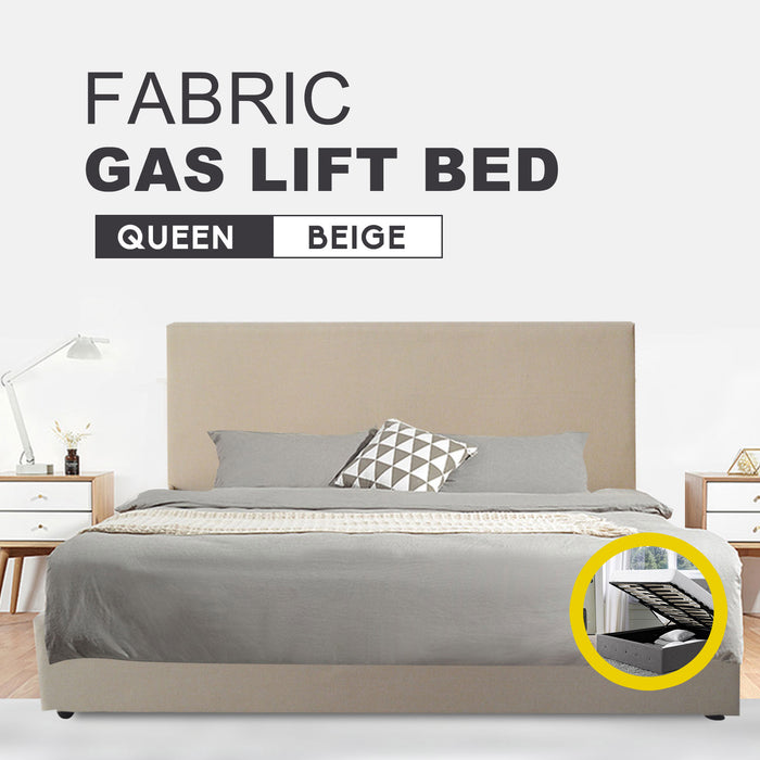 Fabric Square Tufted Gas Lift Storage Bed Frame Queen Beige CB120
