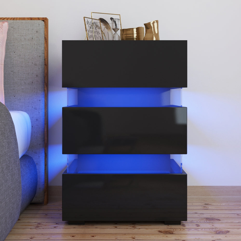 Modern RGB LED Bedside Table Side Table Nightstand High Gloss Furniture Storage Black