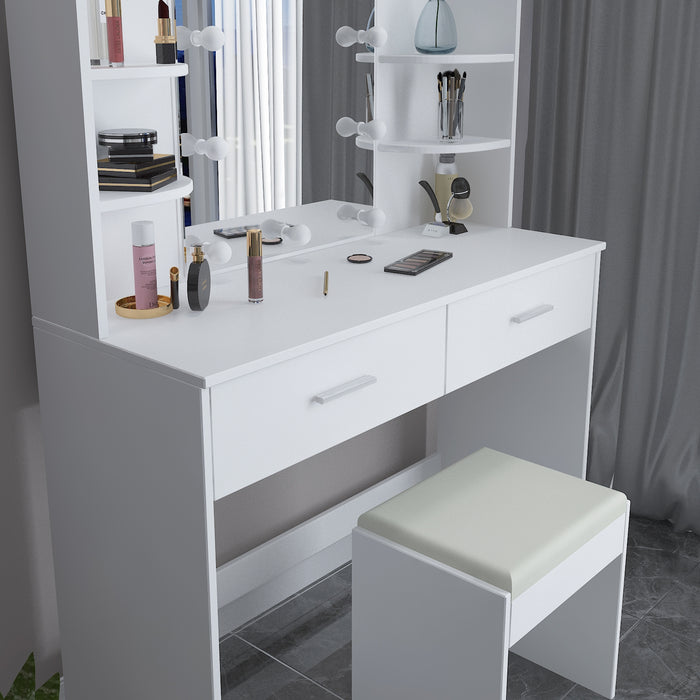 Dressing Table Mirror Makeup Jewellery Cabinet w/Light Bulbs Stool White