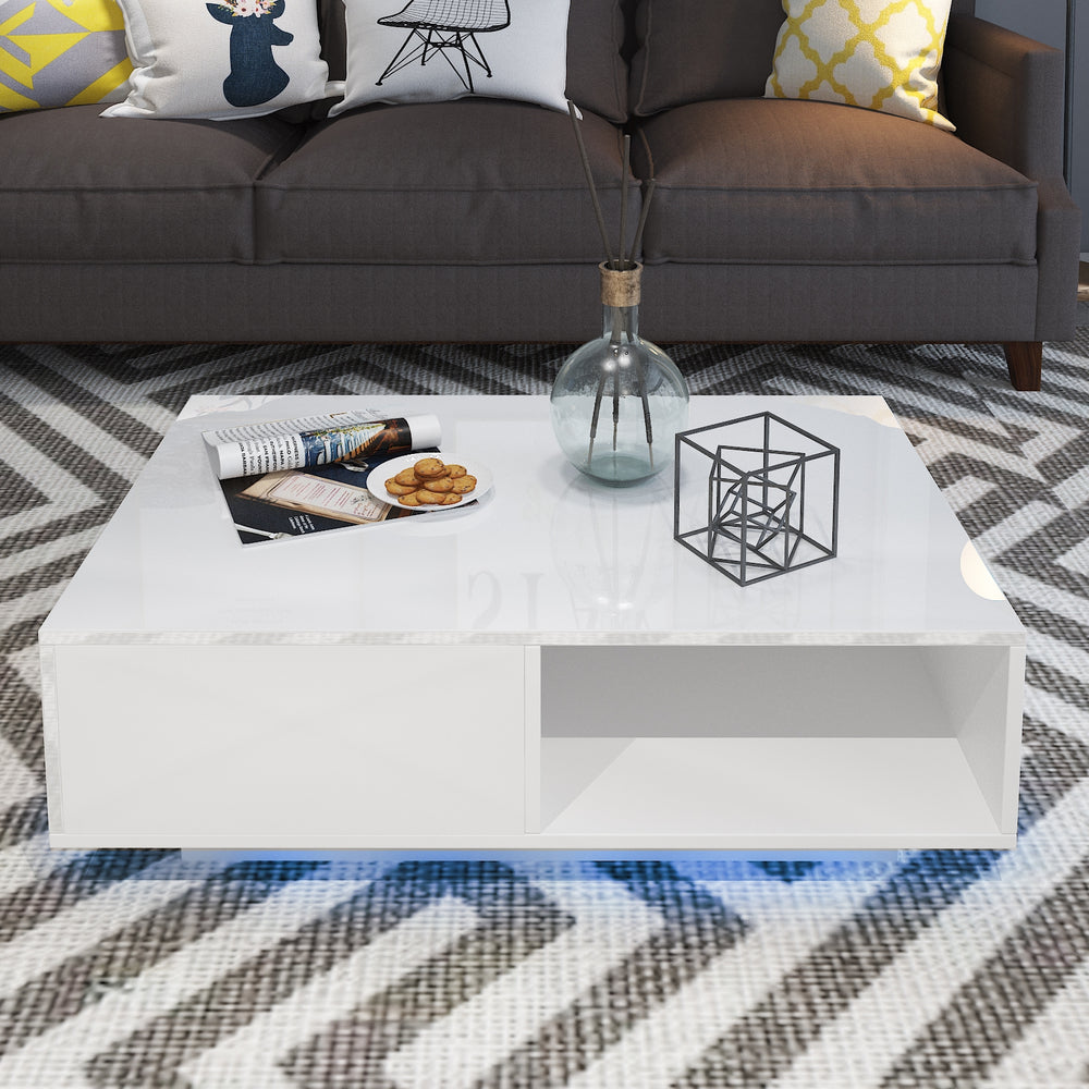 Modern LED Light Coffee Tea Table with Storage Drawer & Shelf High Gloss Living Room