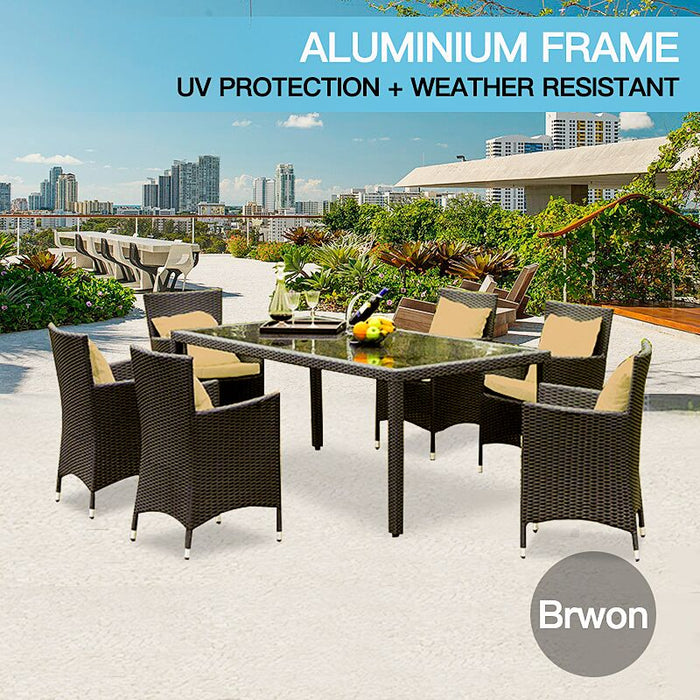 7pc PE Wicker Aluminium Outdoor Dining Set - Brown (9101)