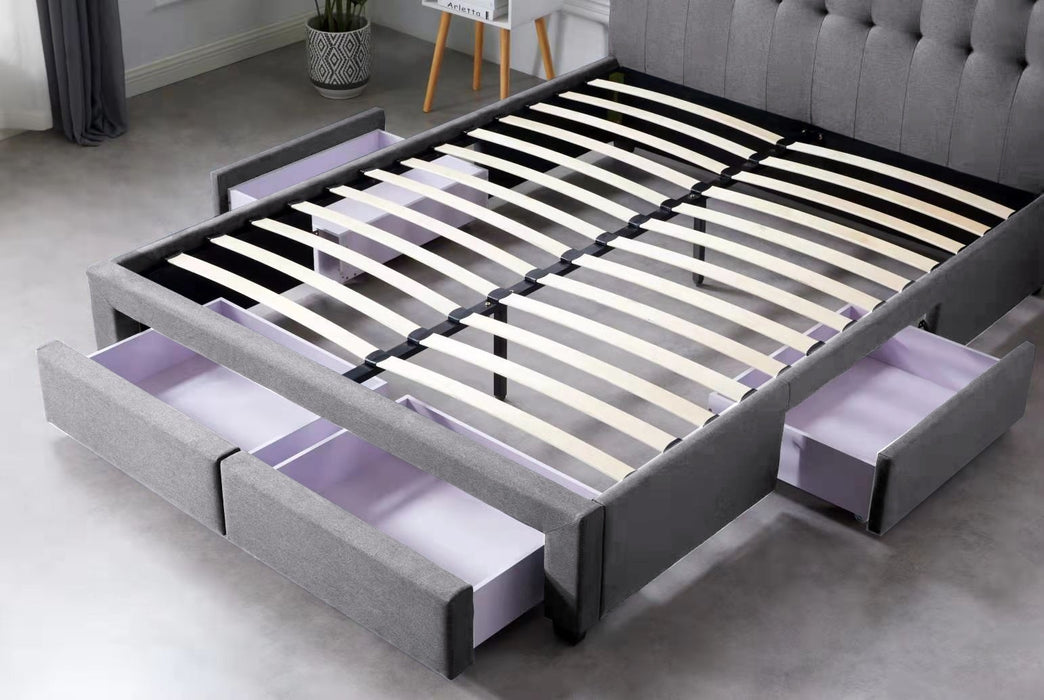 Fabric Square Tufted Storag Bed Frame Queen Full Size with 4 Drawers Grey