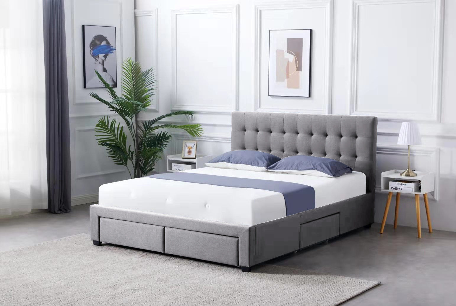 Fabric Square Tufted Storag Bed Frame Queen Full Size with 4 Drawers Grey
