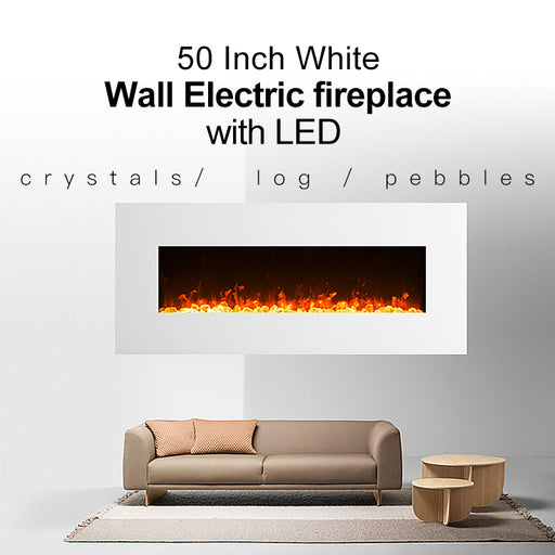 1500W 50" White Wall Mounted Electric Fireplace Heater Fire Flame